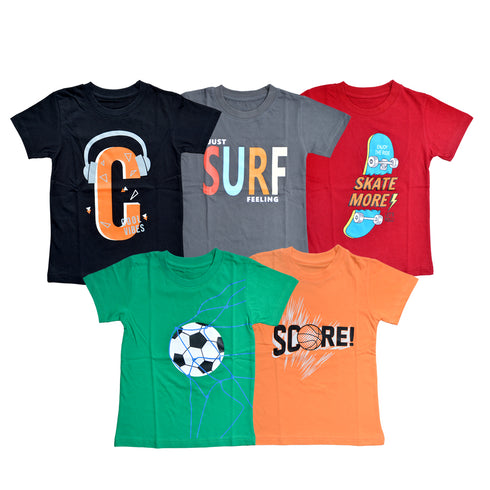 FAZZA Boys Graphic Print Pure Cotton T Shirt (Multicolor, Pack of 5)