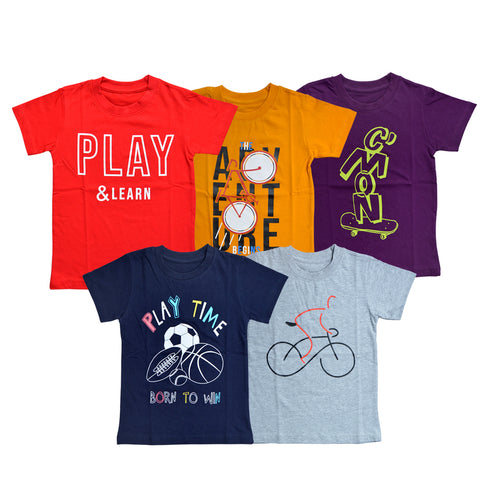 FAZZA Boys Graphic Print Pure Cotton T Shirt (Multicolor, Pack of 5)