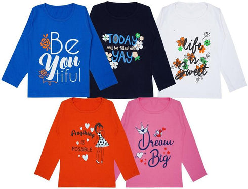 FAZZA Girls Typography Pure Cotton Regular T Shirt