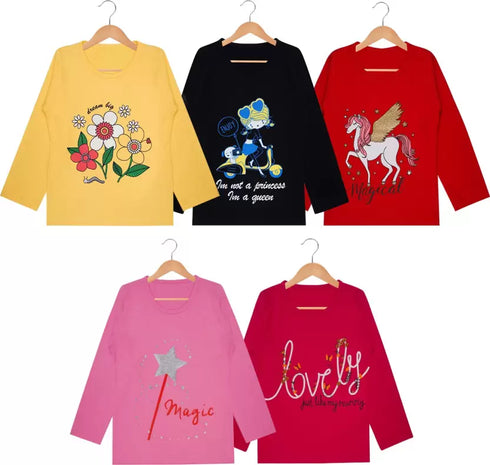 FAZZA Girls Graphic Print, Typography Pure Cotton T Shirt (Multicolor, Pack of 5)