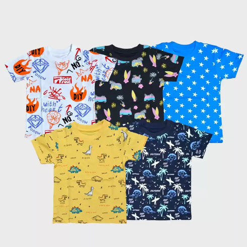 FAZZA Boys Printed Pure Cotton T Shirt (Multicolor, Pack of 5)