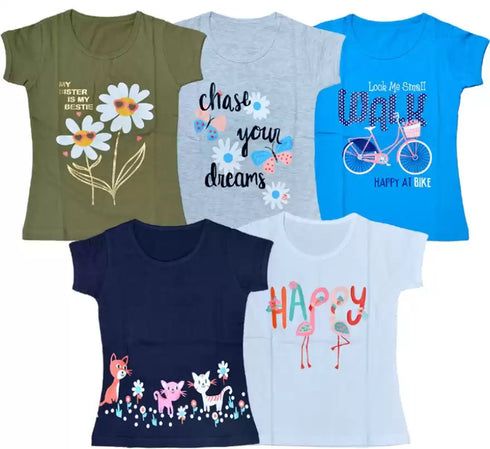 FAZZA Girls Graphic Print Pure Cotton T Shirt (Multicolor, Pack of 5)