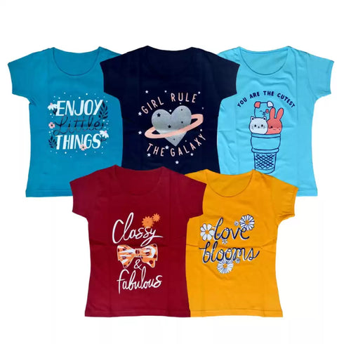 FAZZA Girls Printed Pure Cotton T Shirt (Multicolor, Pack of 5)