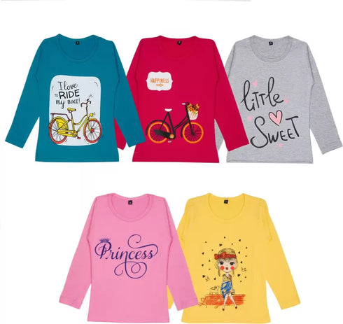 FAZZA Girls Graphic Print Pure Cotton T Shirt (Multicolor, Pack of 5)